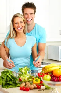 Illustration for a blog post about the proper diet for future parents – a couple preparing healthy food together.